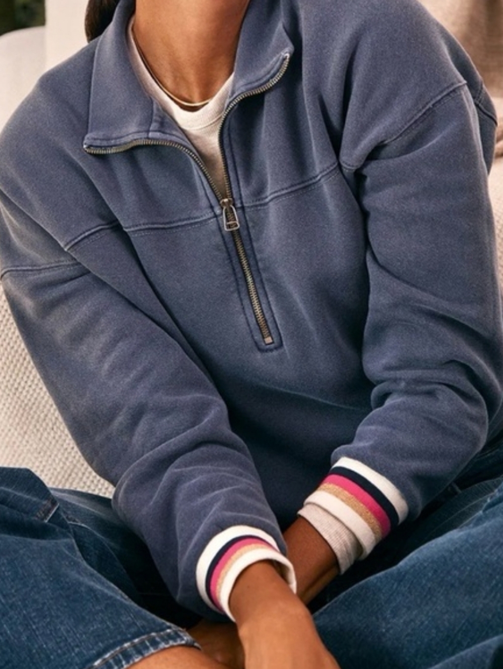 Sundry Stripe Rib Half Zip Pullover Midnight Blue 2 M